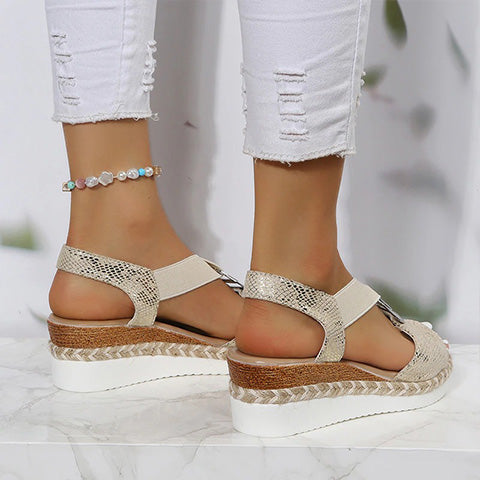 Women's Ring-Detail Open-Toe Wedge Sandals — Gold ring-detail wedges side profile