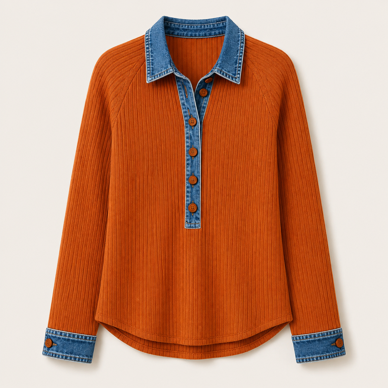 Denim-Trim Ribbed Knit Henley Top