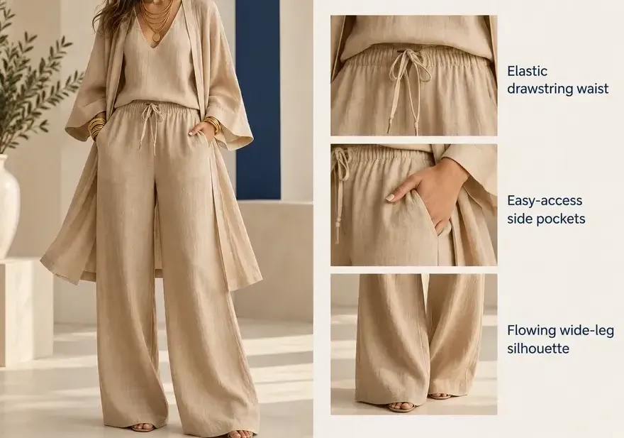 Khaki outfit showing elastic drawstring waist, side pockets and wide-leg silhouette
