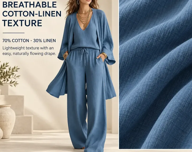 Blue cotton-linen outfit showing breathable texture and flowing drape