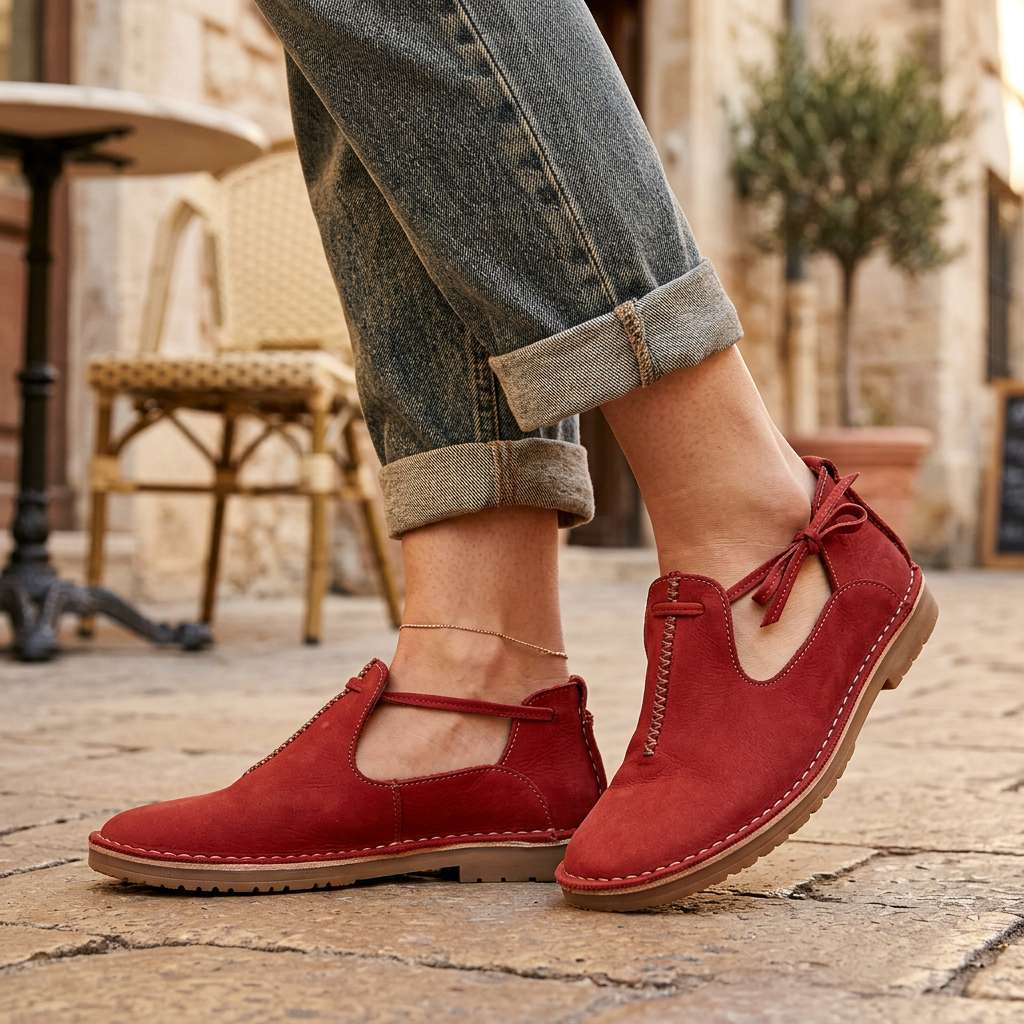 Delaina Women's Vintage Cutout Lace-Up Flats — Red lace-up flats on foot