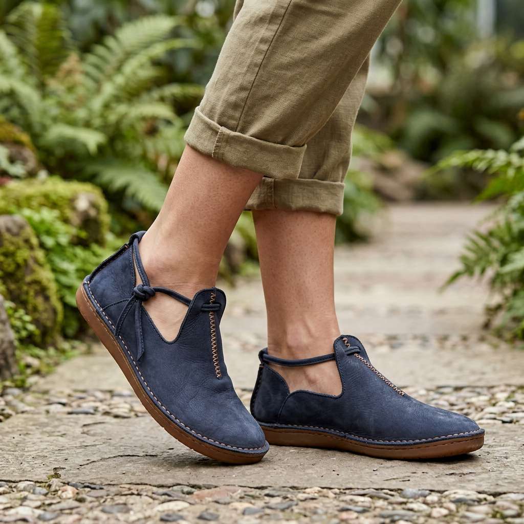 Delaina Women's Vintage Cutout Lace-Up Flats — Blue cutout flats side view