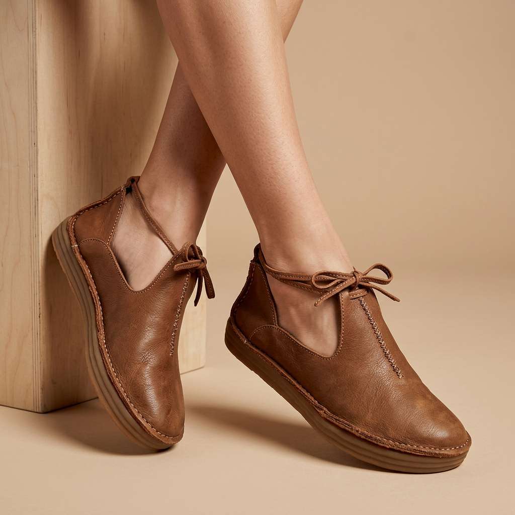 Delaina Women's Vintage Cutout Lace-Up Flats — Brown lace-up flats side view