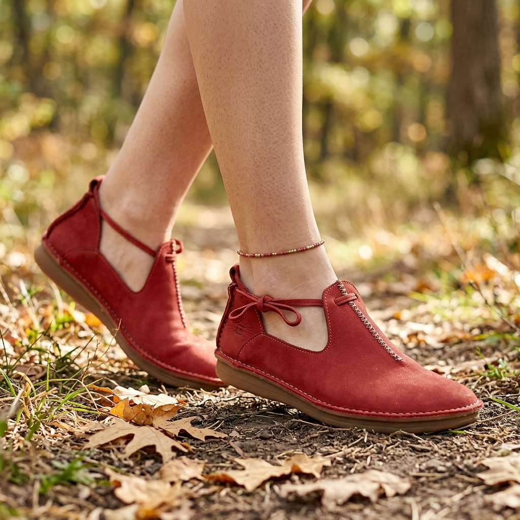 Delaina Women's Vintage Cutout Lace-Up Flats — Red shoes in outdoor setting