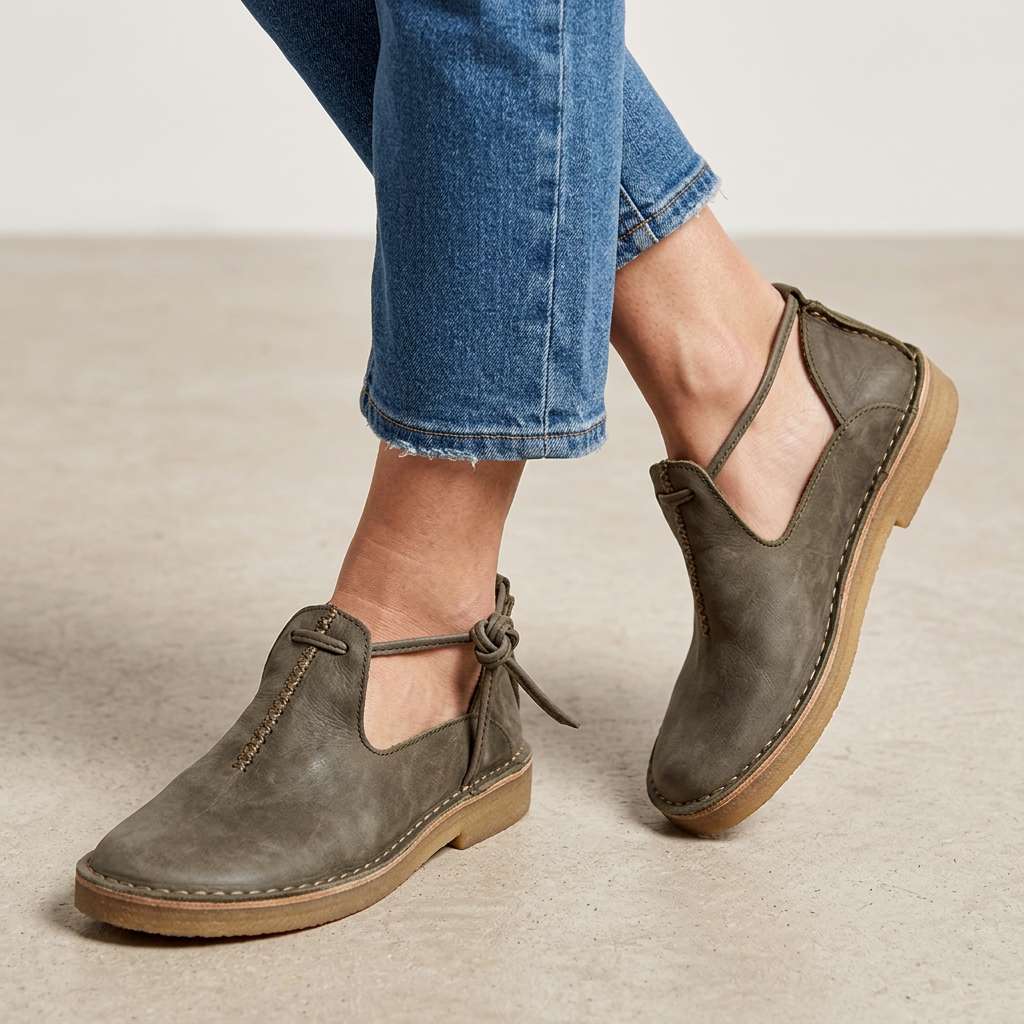 Delaina Women's Vintage Cutout Lace-Up Flats — Green cutout flats on foot