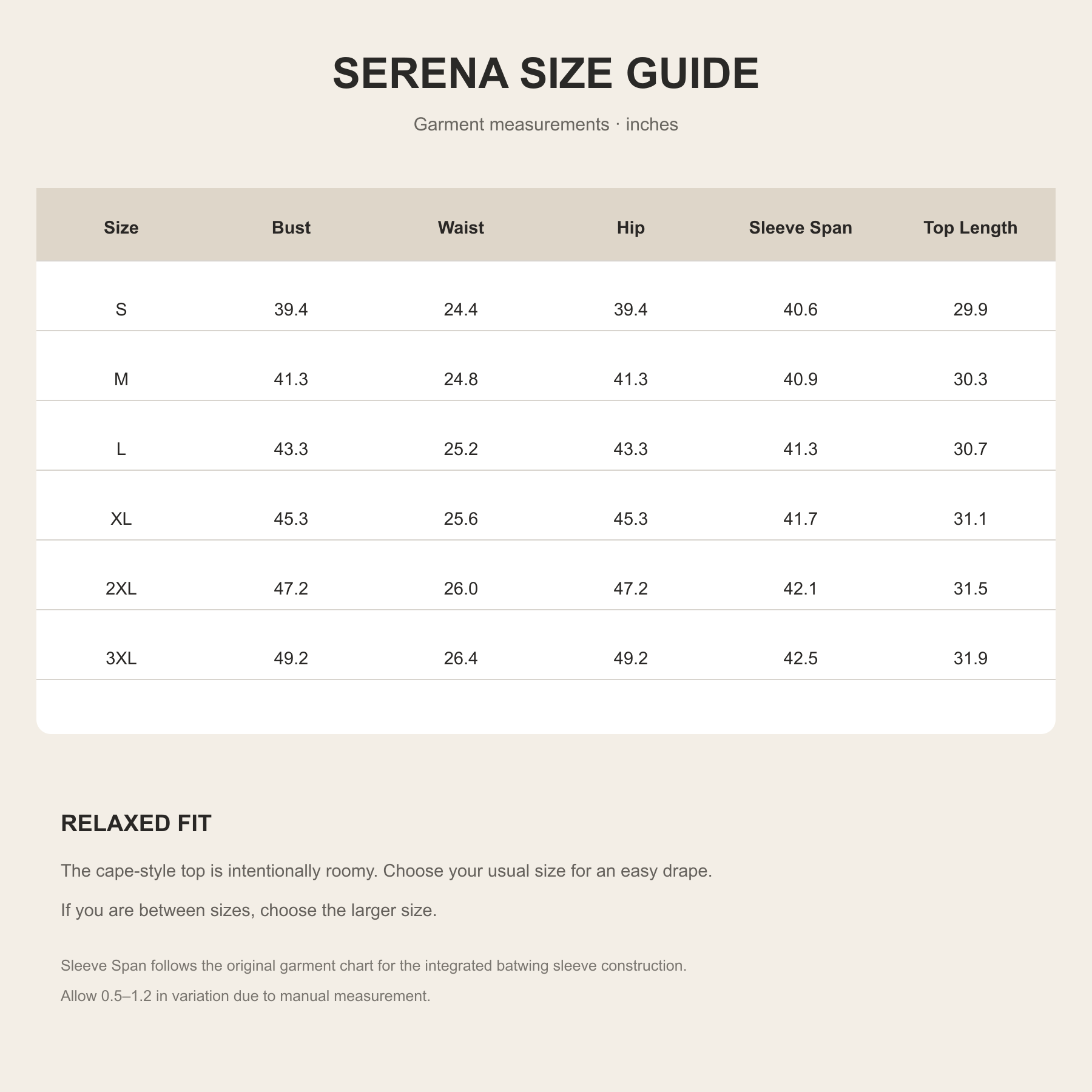 Serena US size guide in inches