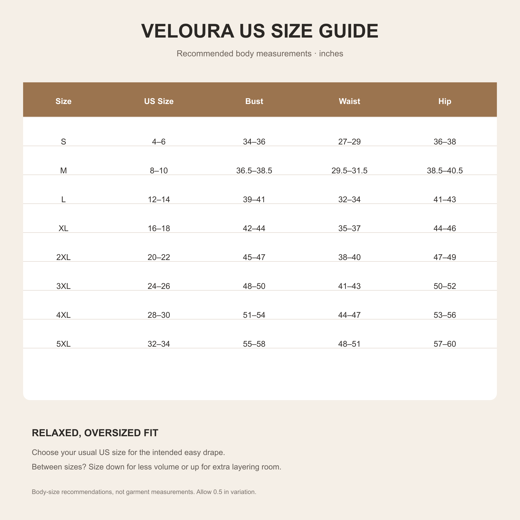 Veloura US size guide in inches