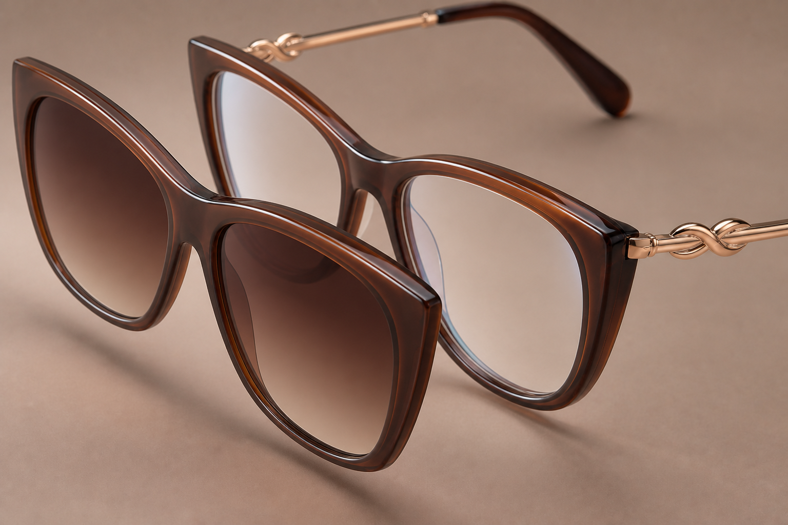 Solina hidden magnetic clip-on mechanism with clear optical lenses and tea-brown polarized clip