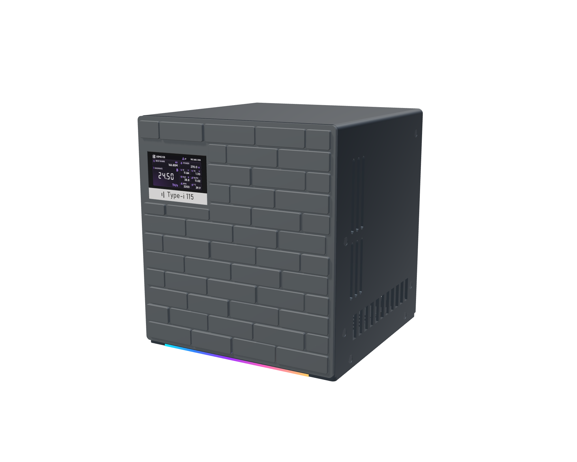 CodeblueS Type-i 115 home Bitcoin miner with USMO OS screen and RGB light strip