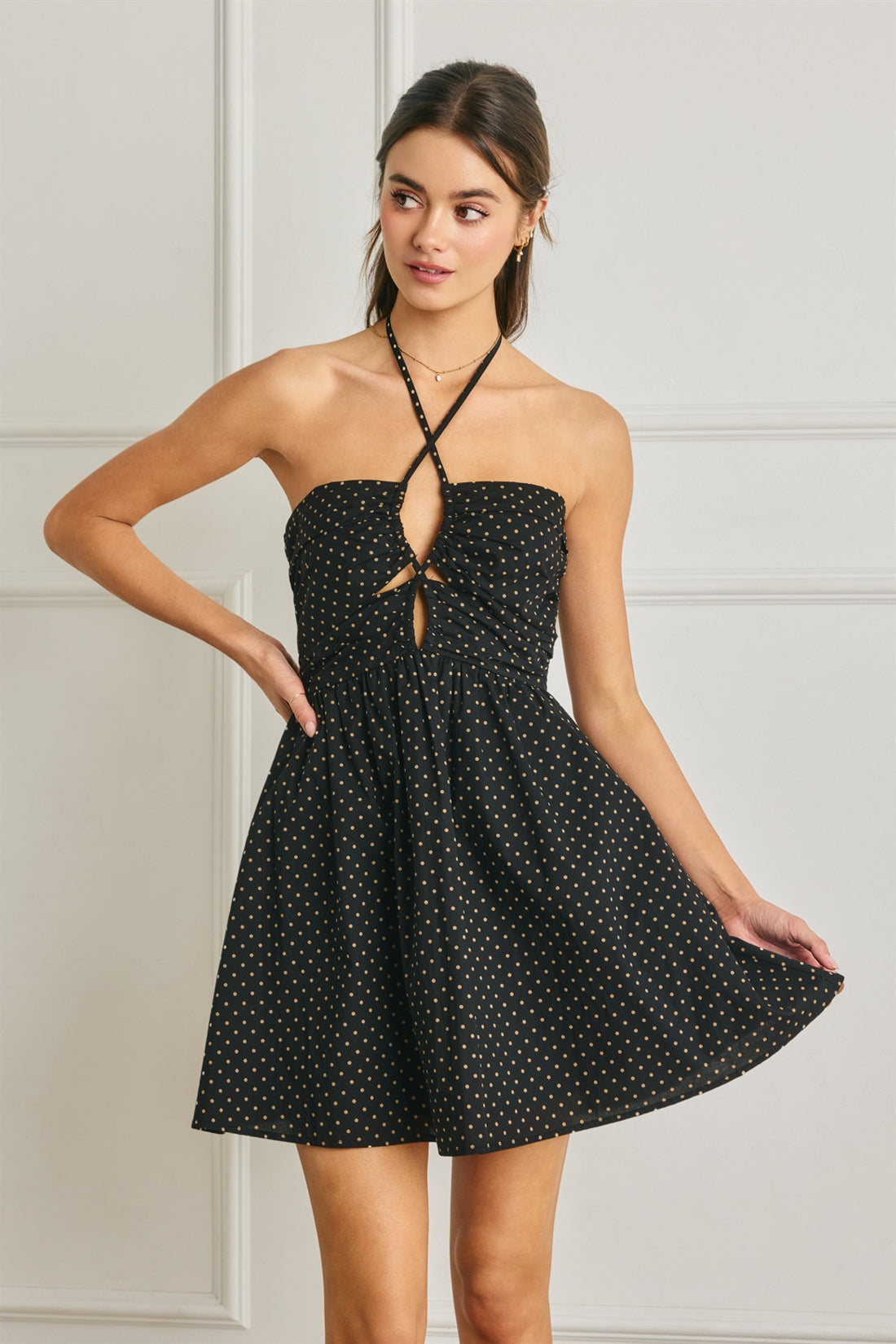 Dot to Dot Ruched Halter Mini Dress