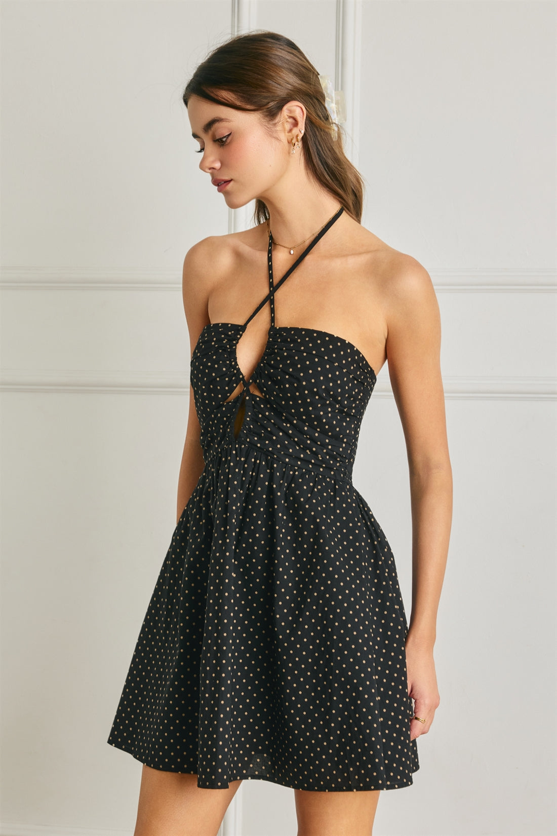 Dot to Dot Ruched Halter Mini Dress
