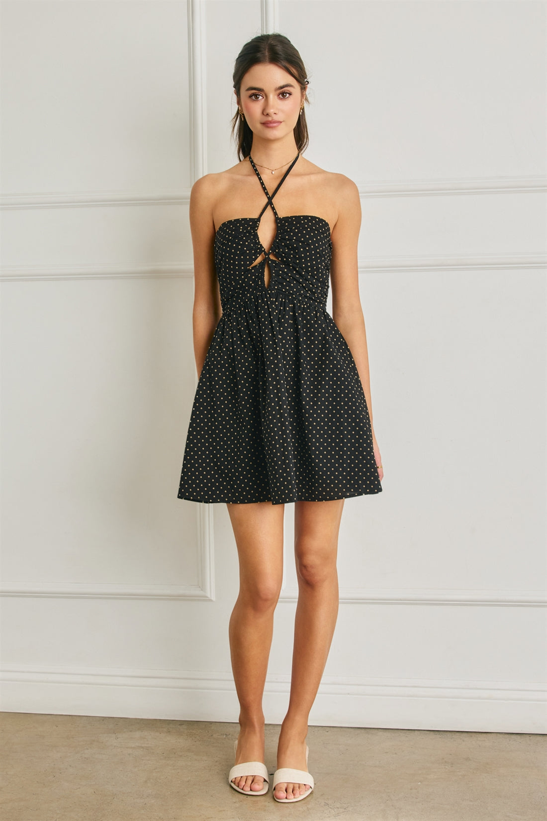 Dot to Dot Ruched Halter Mini Dress