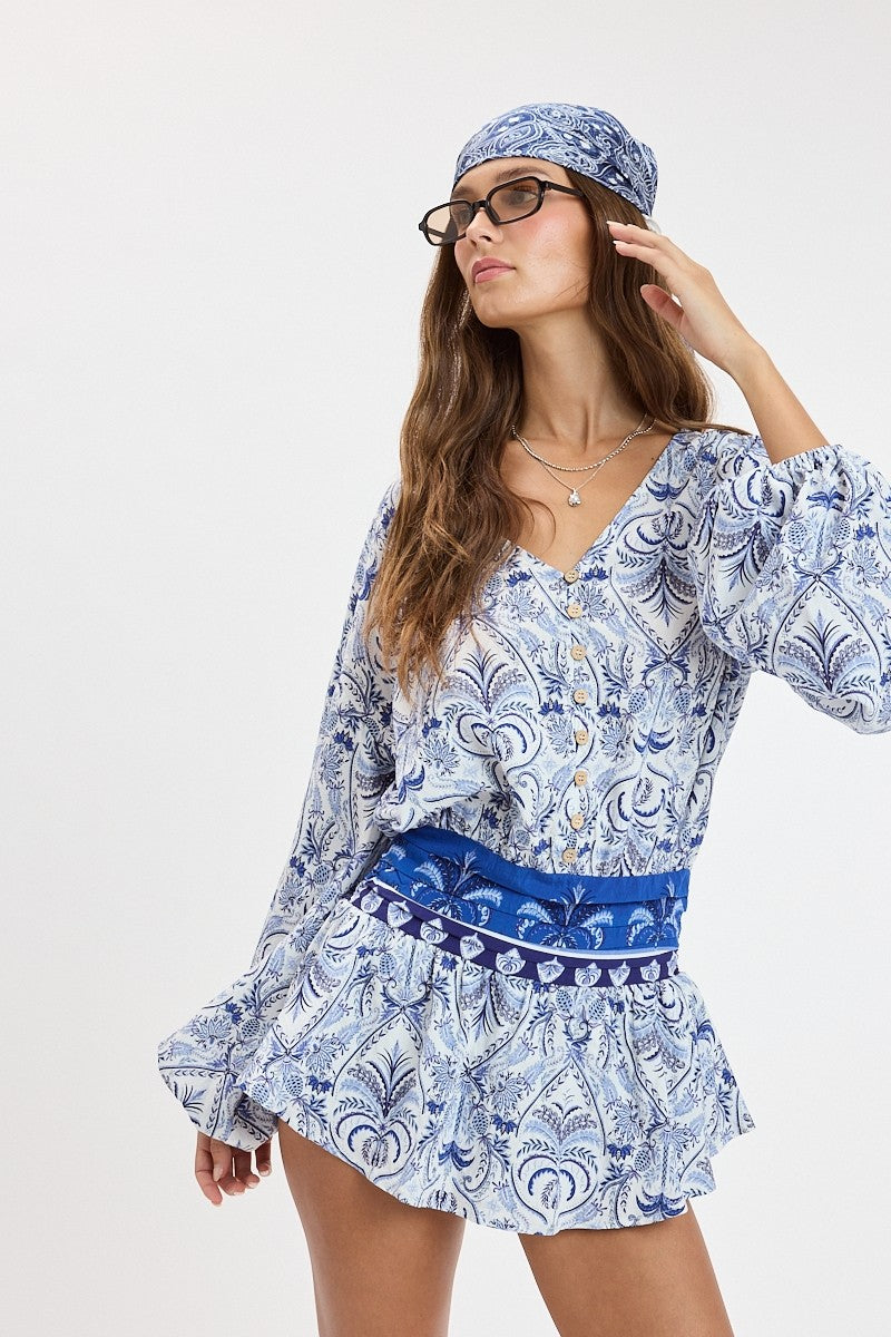 Wild Bloom Border Print Puff Sleeve Mini Dress
