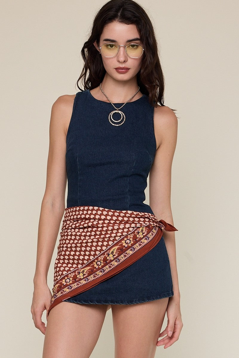 Denim Micro Mini Dress With Built in Shorts in Dark Denim