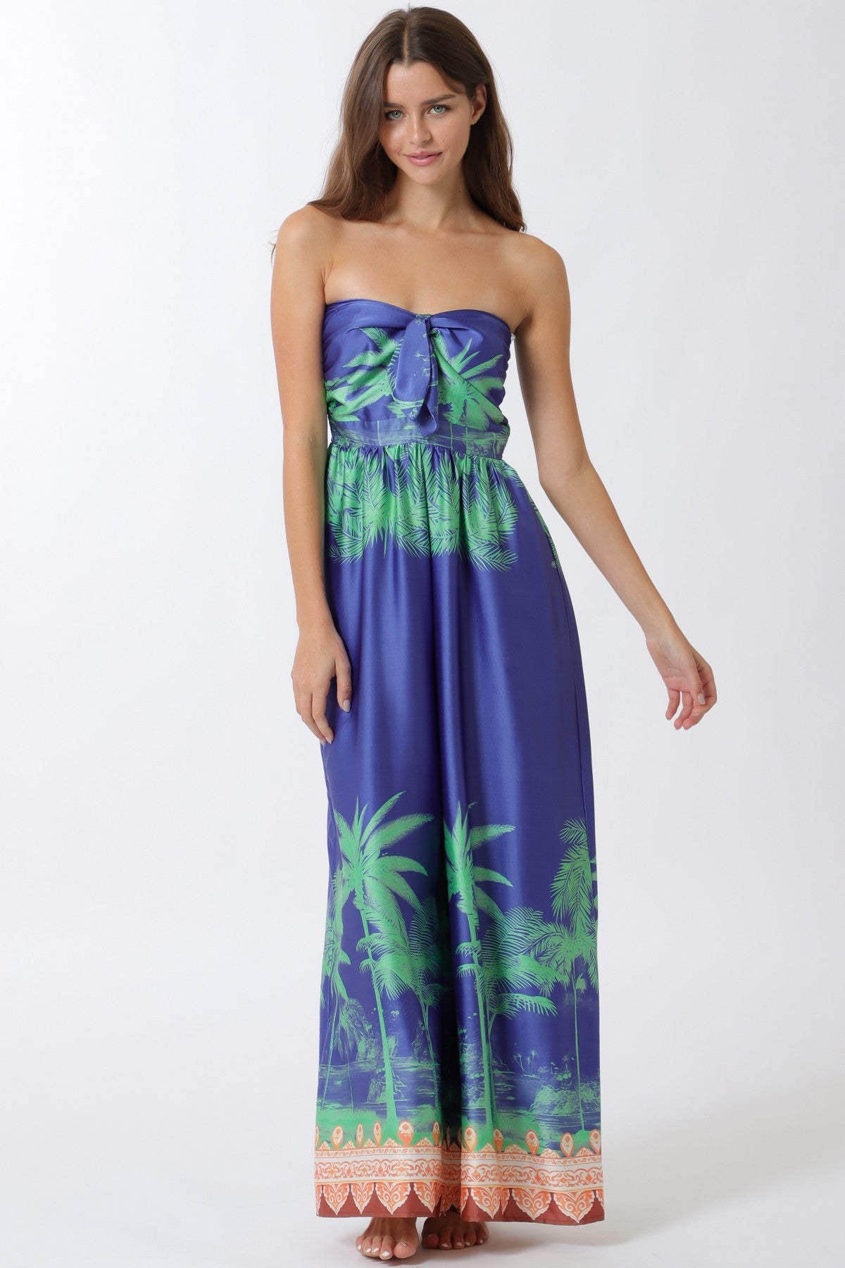 Cabo Strapless Smocked Border Print Wide Leg Jumpsuit