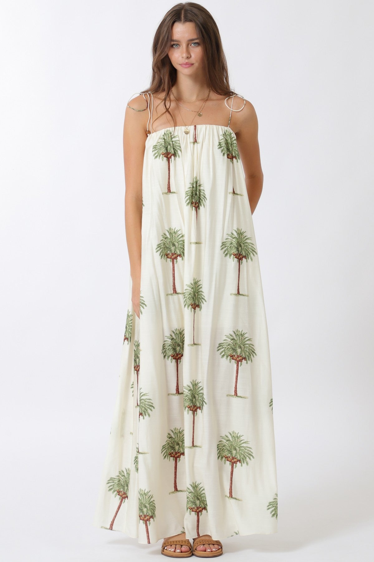 Nassau Palm Print Tie Strap Maxi Dress