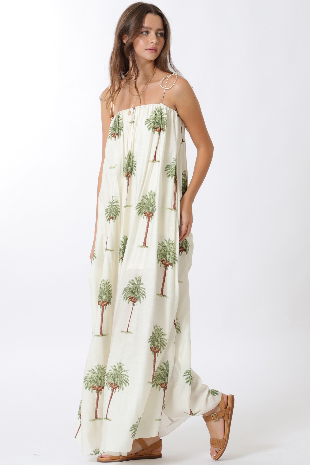 Nassau Palm Print Tie Strap Maxi Dress