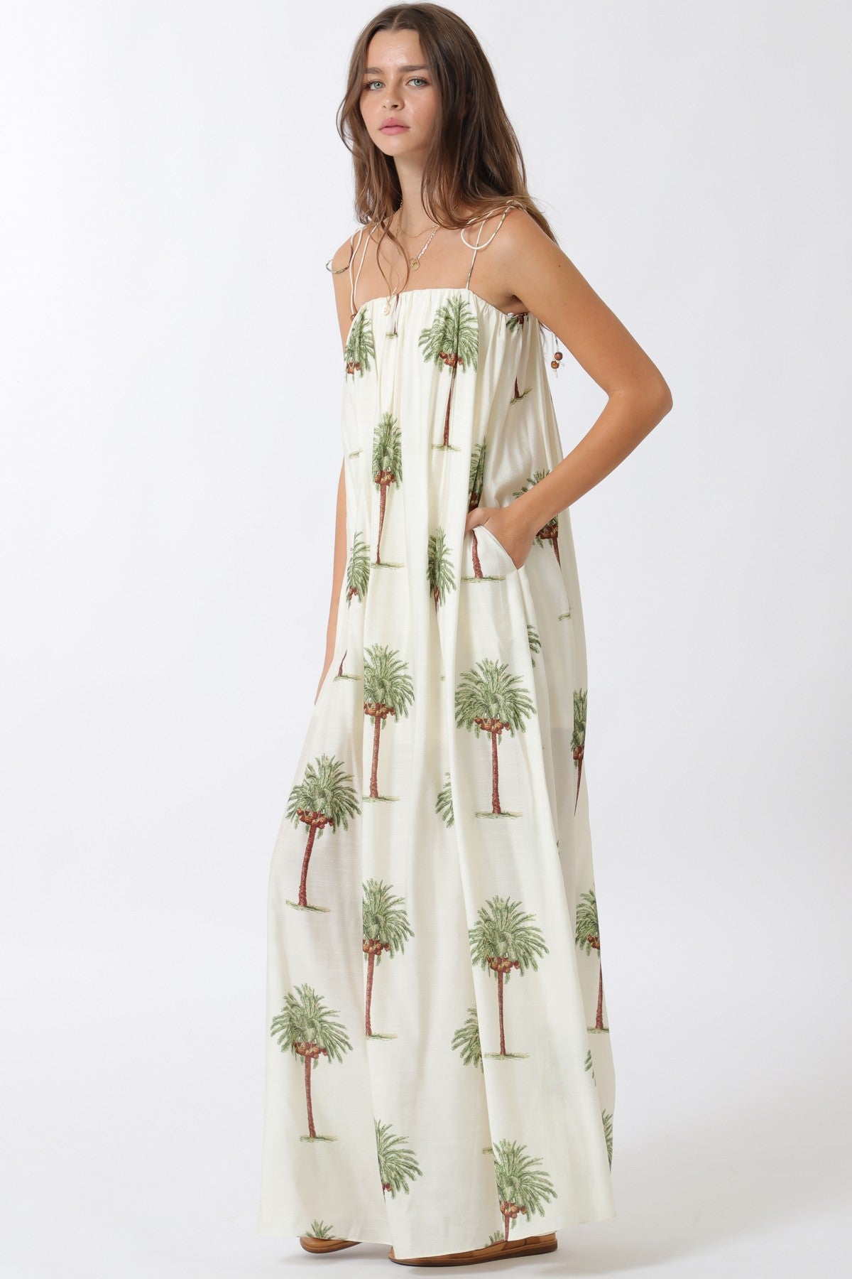 Nassau Palm Print Tie Strap Maxi Dress
