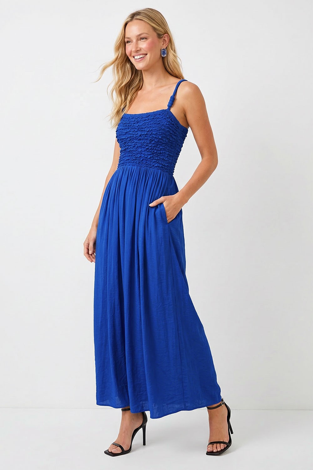 Smocked Maxi With Cord Straps in Blue FINAL SALE