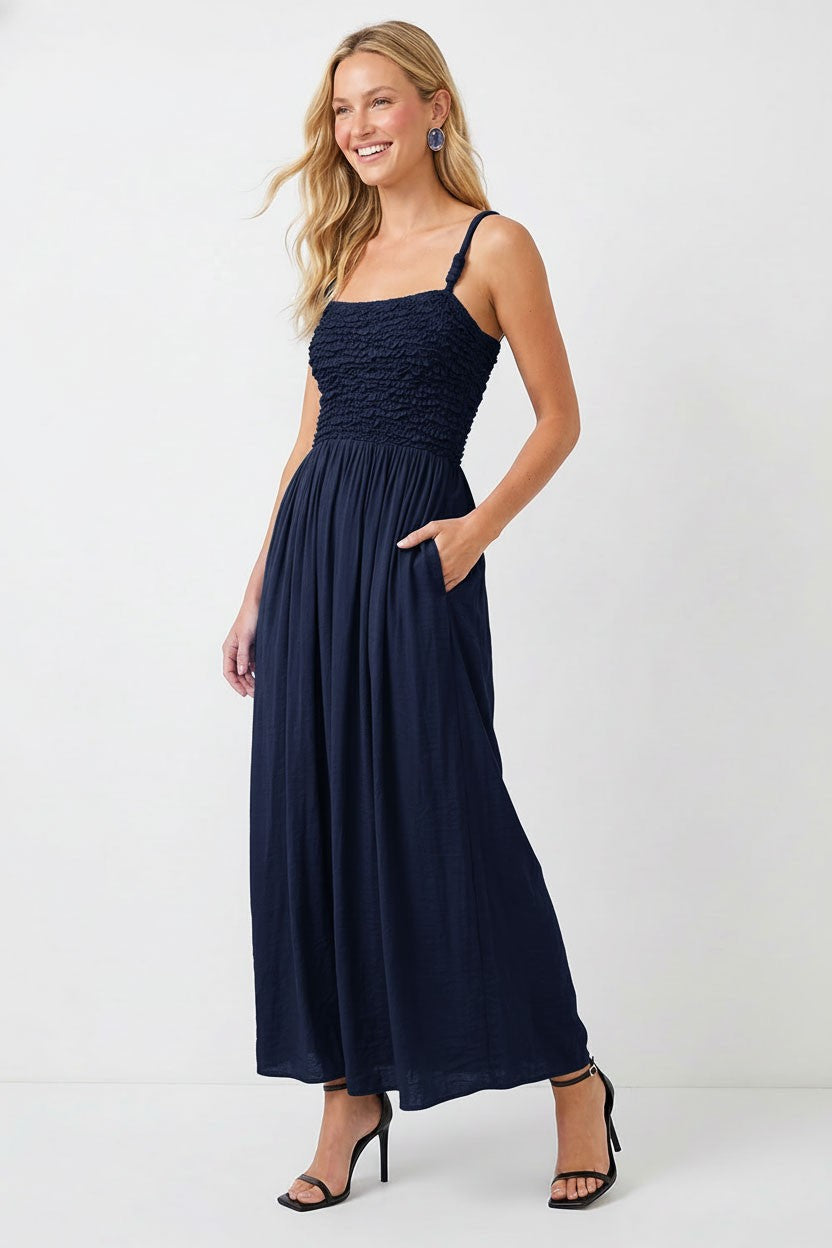 Smocked Maxi With Cord Straps in Navy