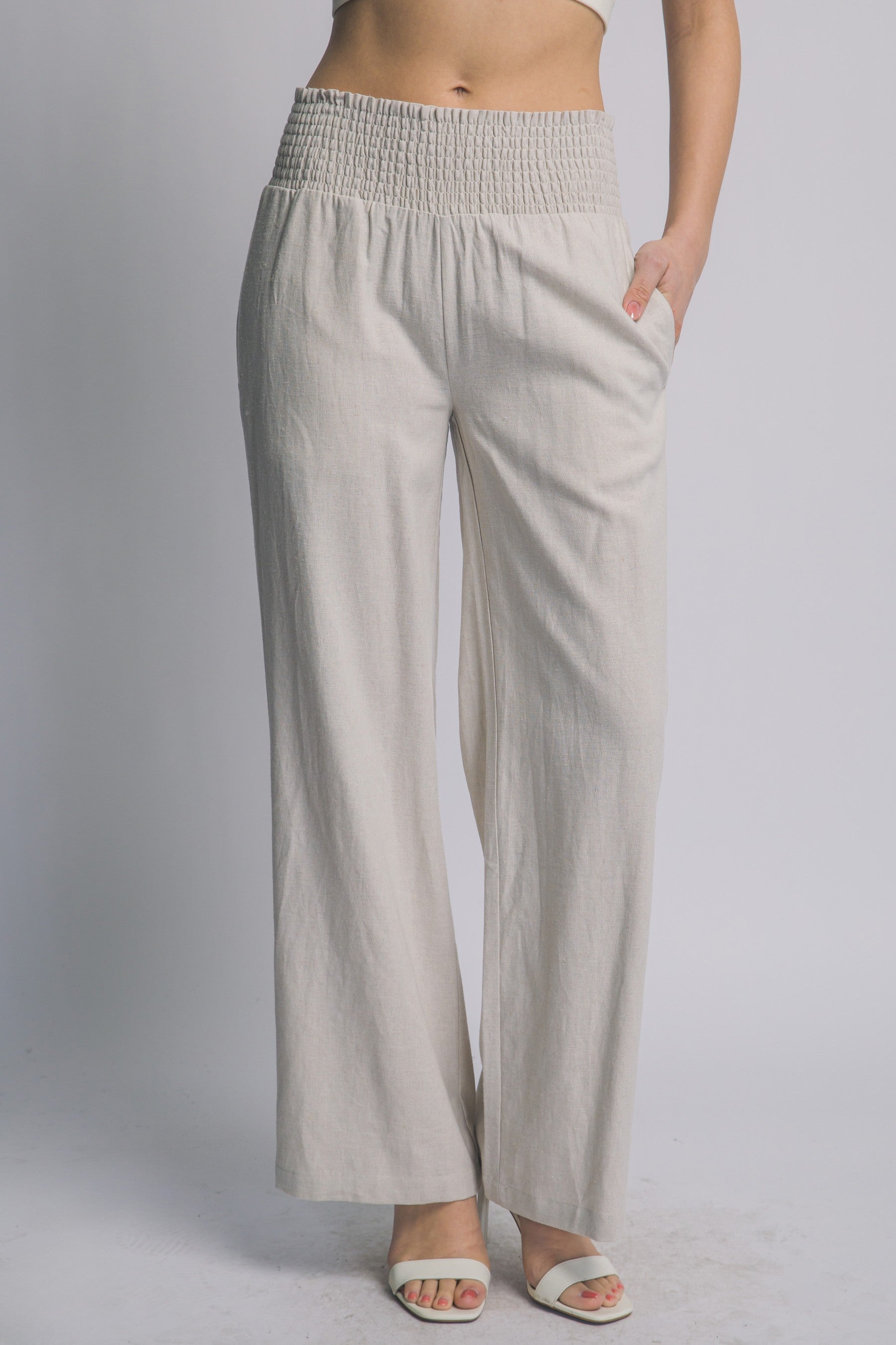 Vacay Smocked Waist Linen Pants in Taupe FINAL SALE