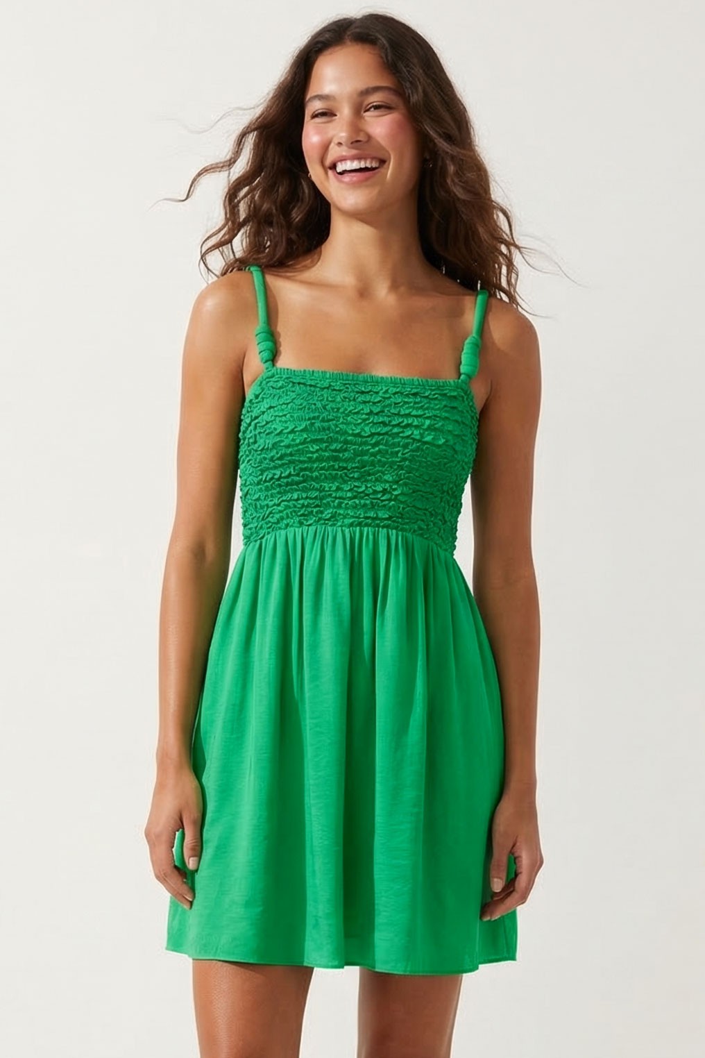 Smocked Top Cord Strap Mini Dress in Green FINAL SALE