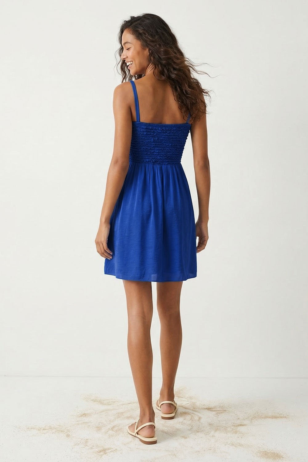 Smocked Top Cord Strap Mini Dress in Blue FINAL SALE