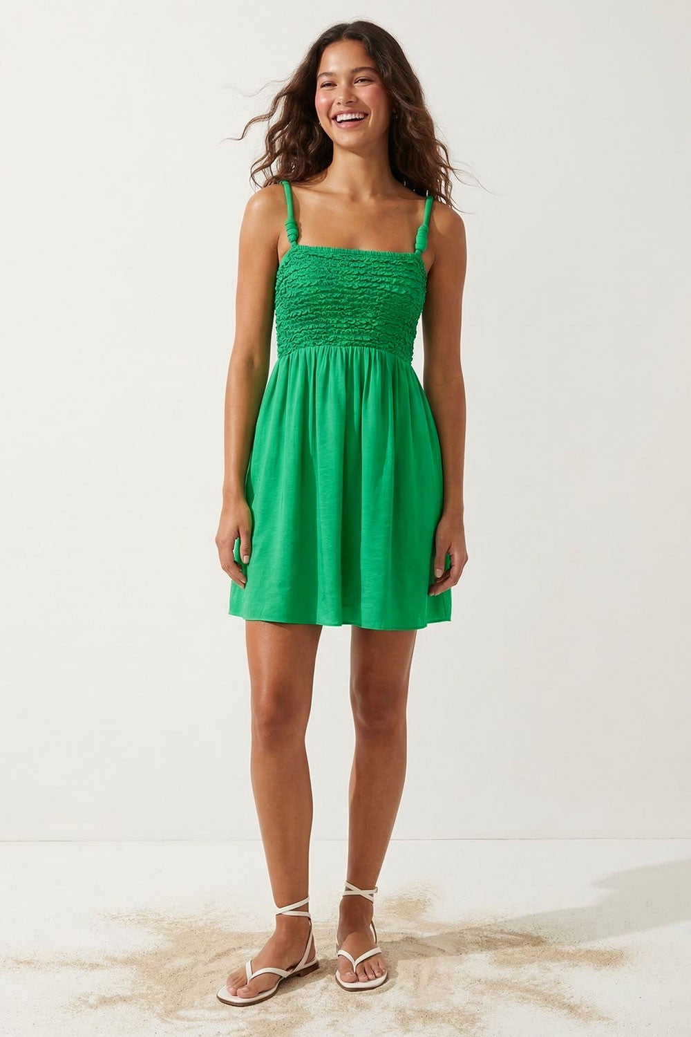 Smocked Top Cord Strap Mini Dress in Green FINAL SALE