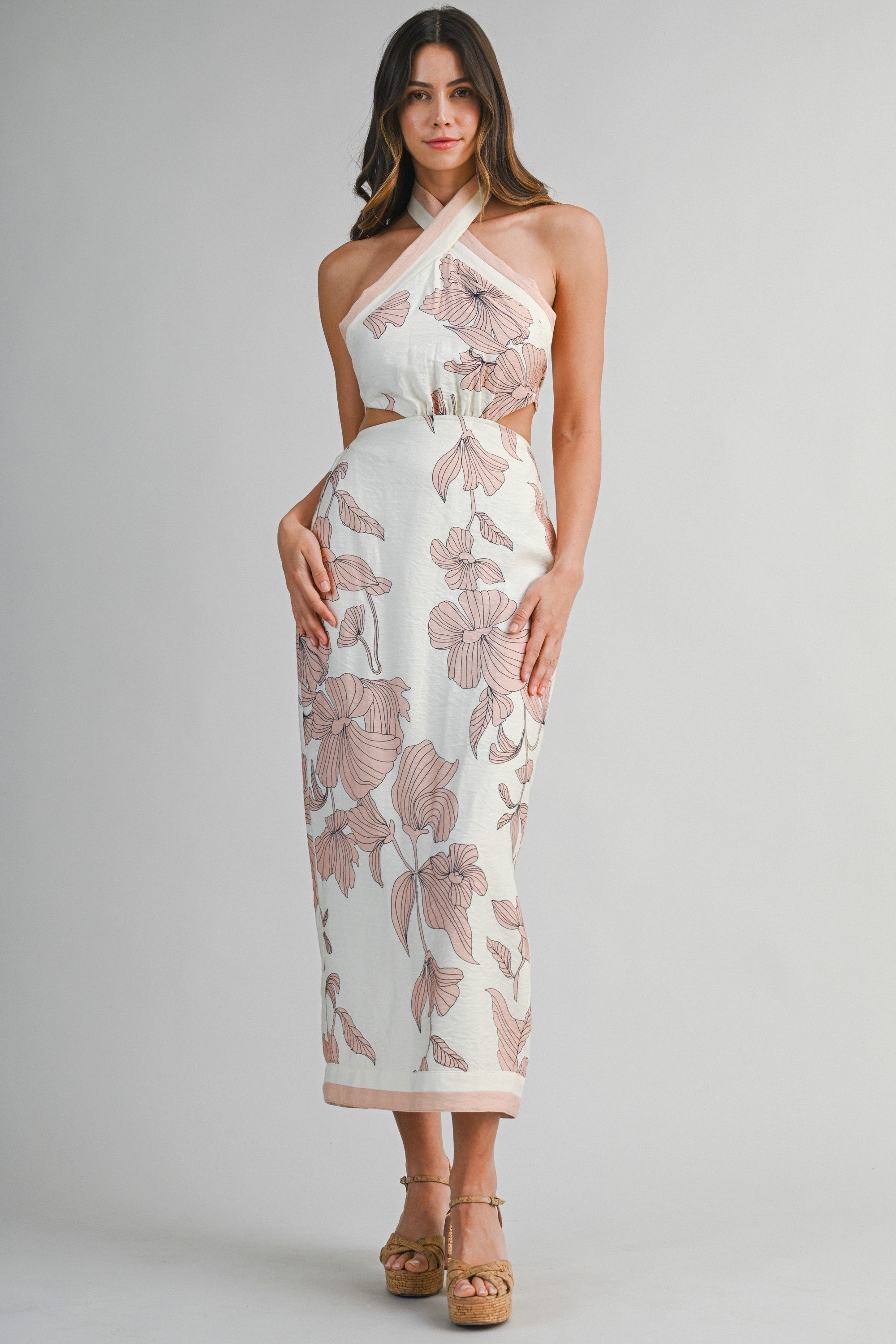 Cut Out Halter Midi Dress in Blush