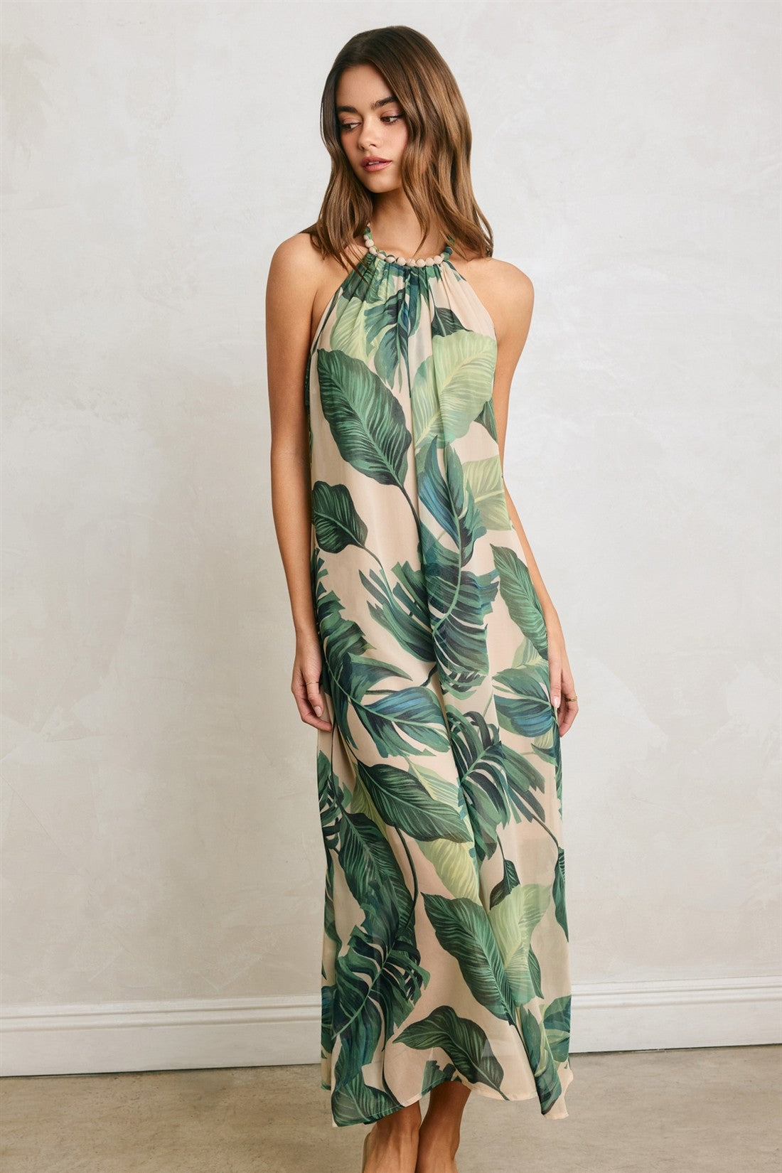 Isadora Tropical Leaf Beaded Halter Maxi Dress