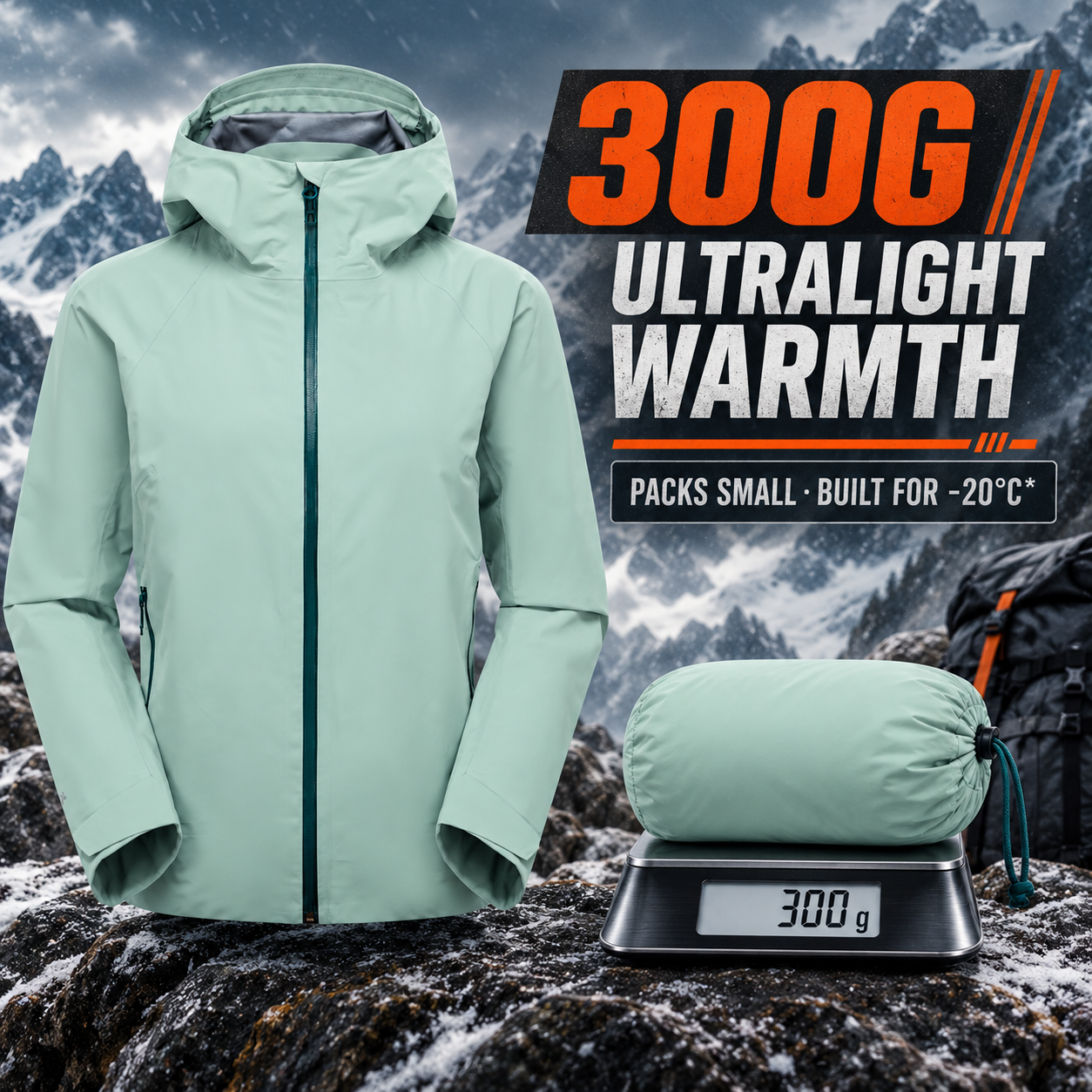 Pale-sage 300 g ultralight jacket beside its compact packed form