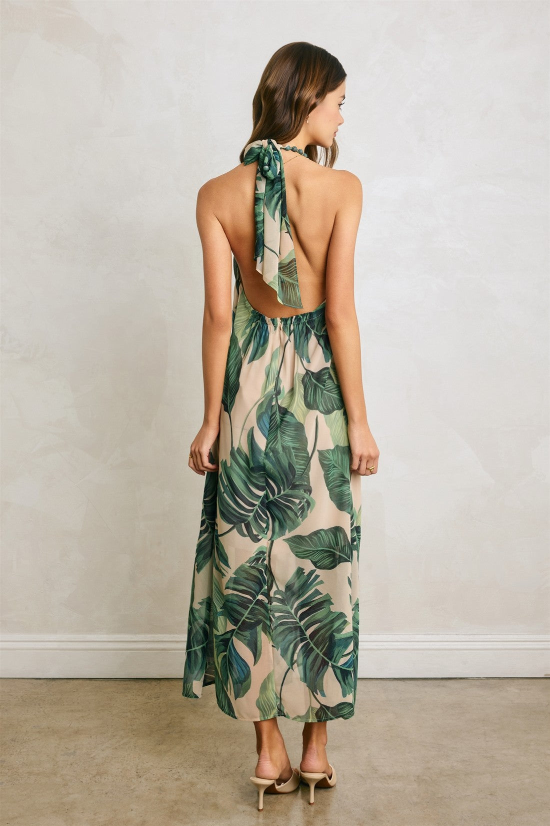 Isadora Tropical Leaf Beaded Halter Maxi Dress