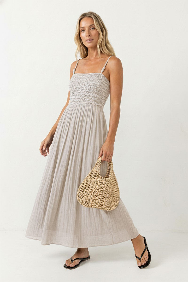 Smocked Maxi With Cord Straps in Beige