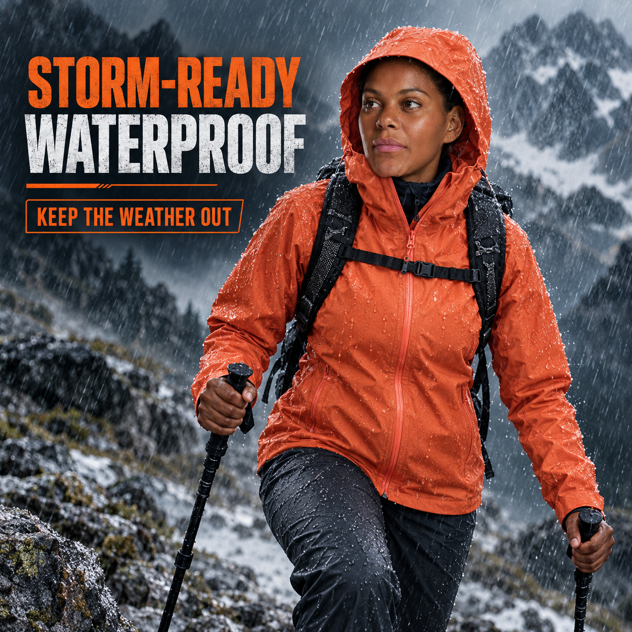 Woman hiking in heavy alpine rain wearing the orange waterproof jacket