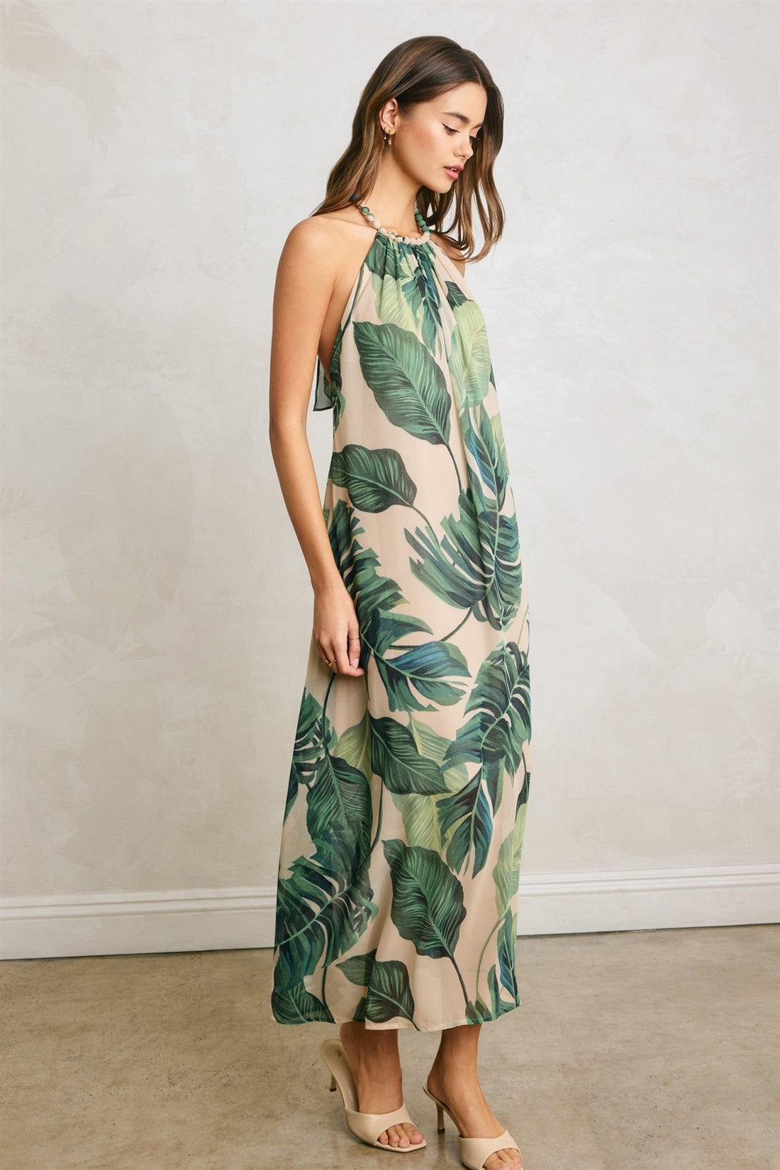 Isadora Tropical Leaf Beaded Halter Maxi Dress