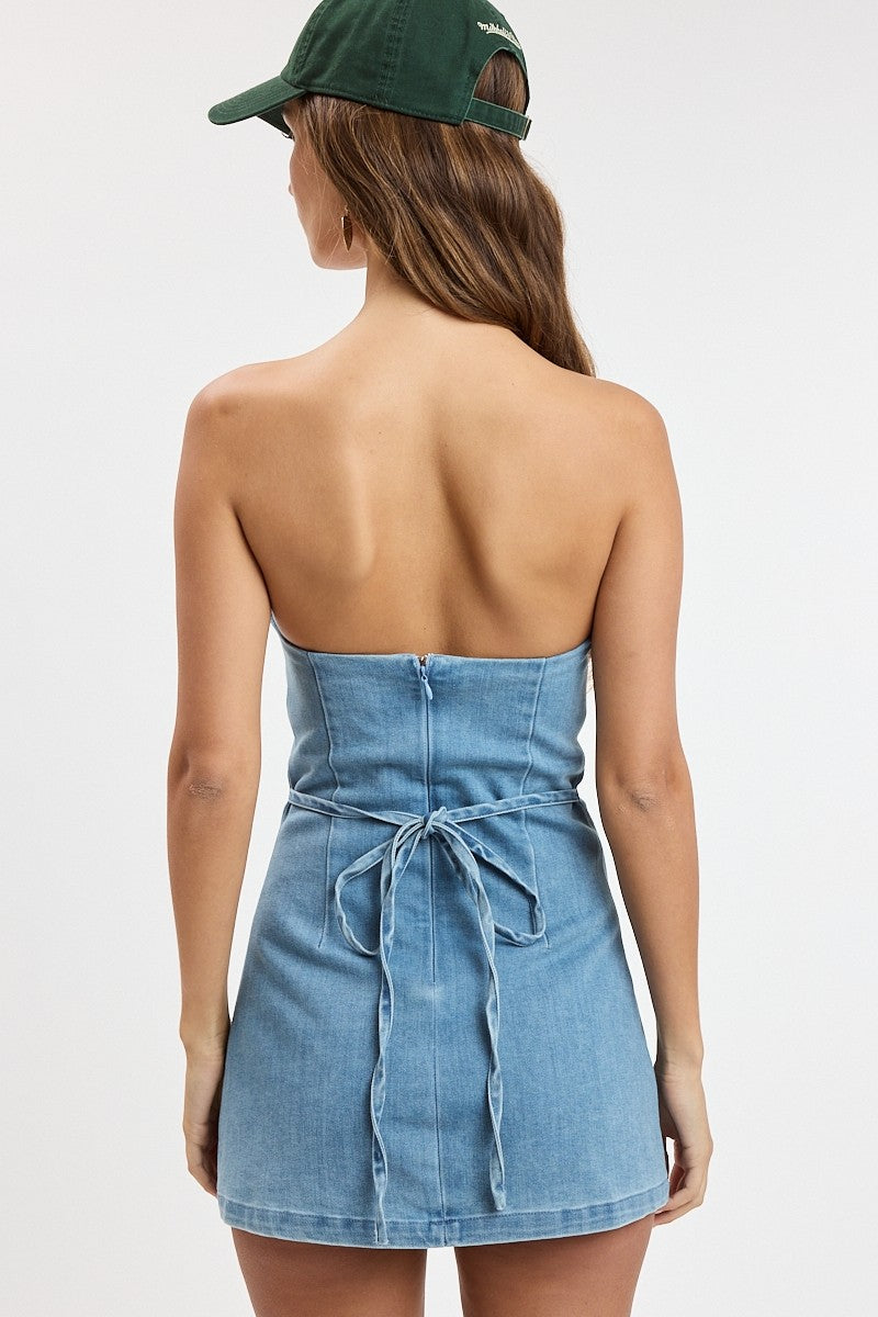 Denim Days Strapless Waist Tie Mini Dress