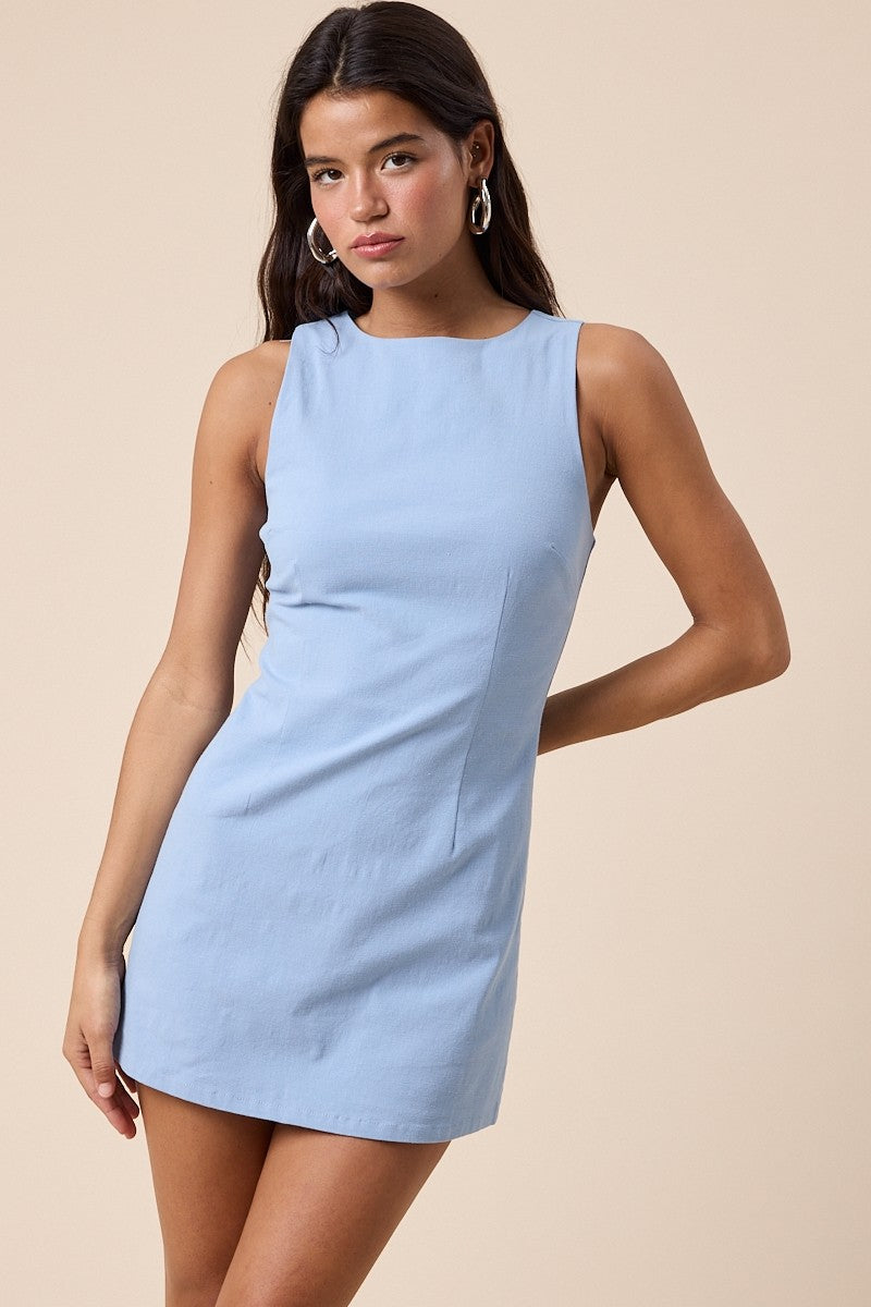 Everyday Chic Boat Neck Mini Dress in Light Blue