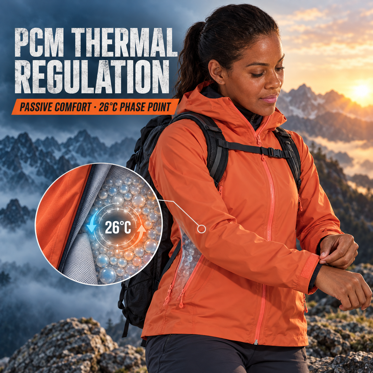 Woman adjusting her cuff with PCM 26°C thermal-regulation visualization