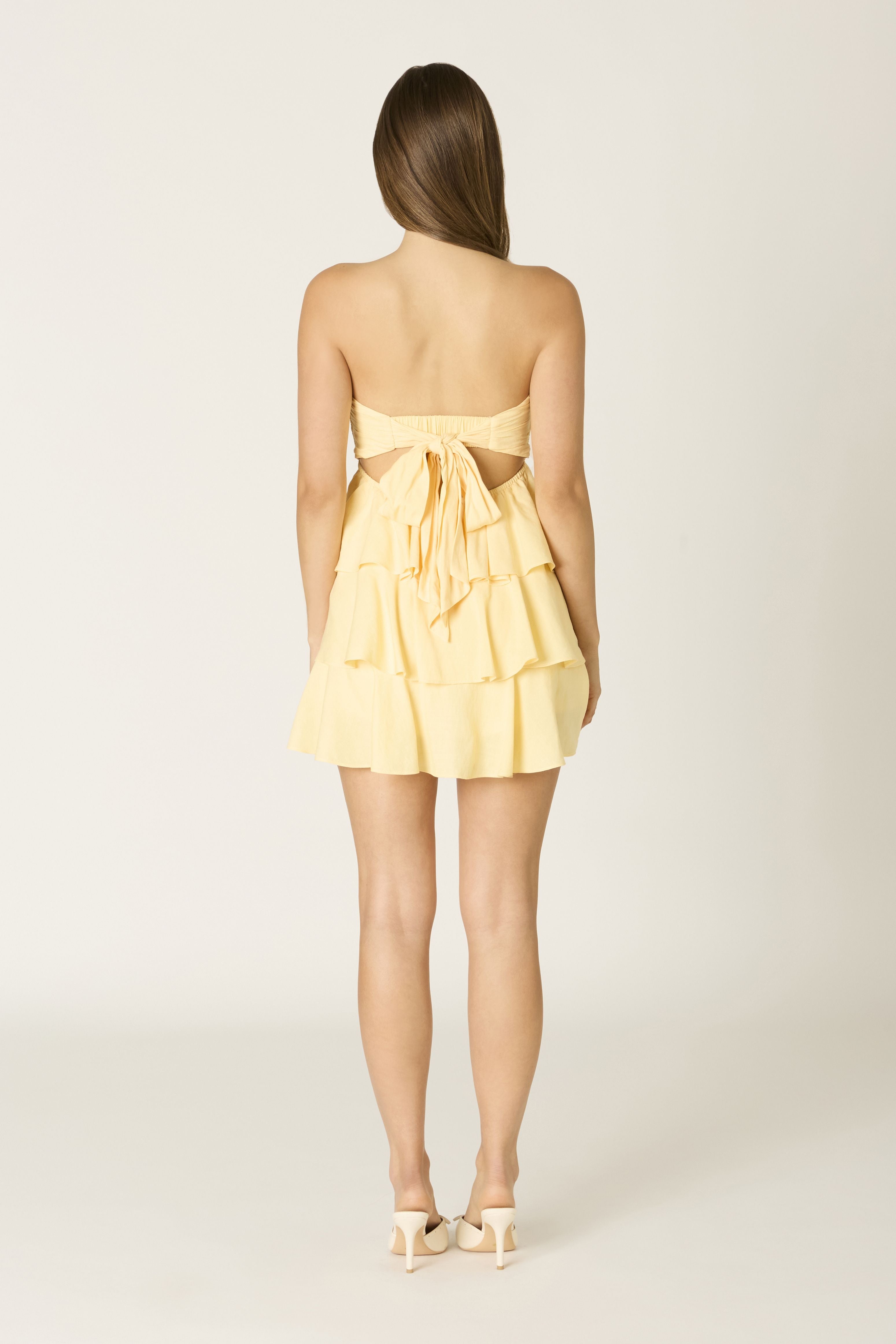 Twist Front Strapless Ruffle Dress in Yellow