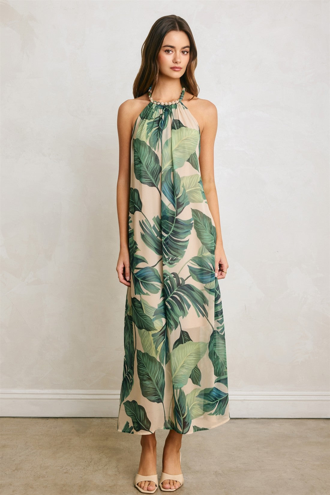 Isadora Tropical Leaf Beaded Halter Maxi Dress