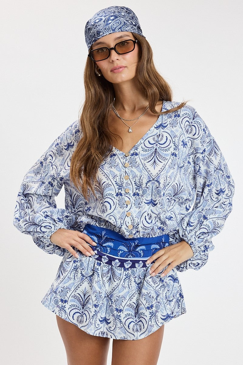 Wild Bloom Border Print Puff Sleeve Mini Dress