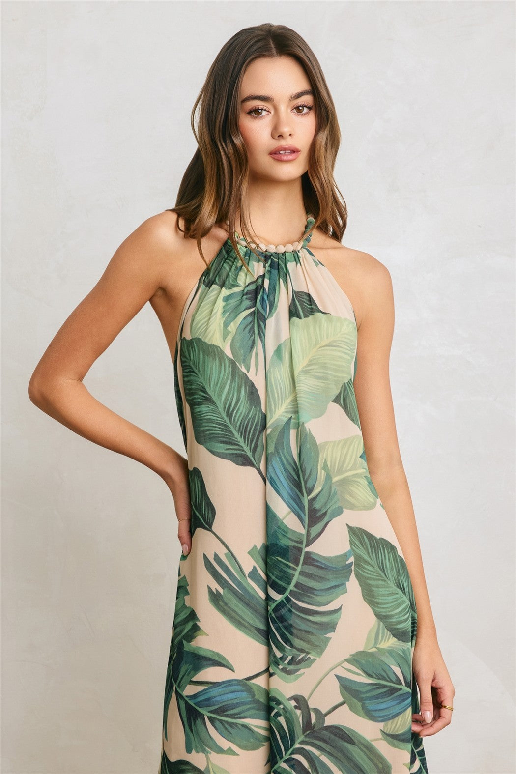 Isadora Tropical Leaf Beaded Halter Maxi Dress