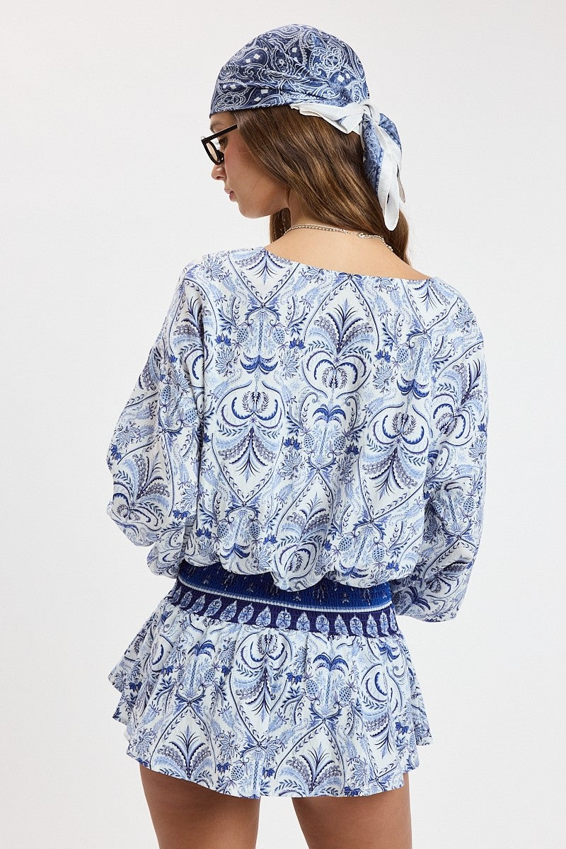Wild Bloom Border Print Puff Sleeve Mini Dress