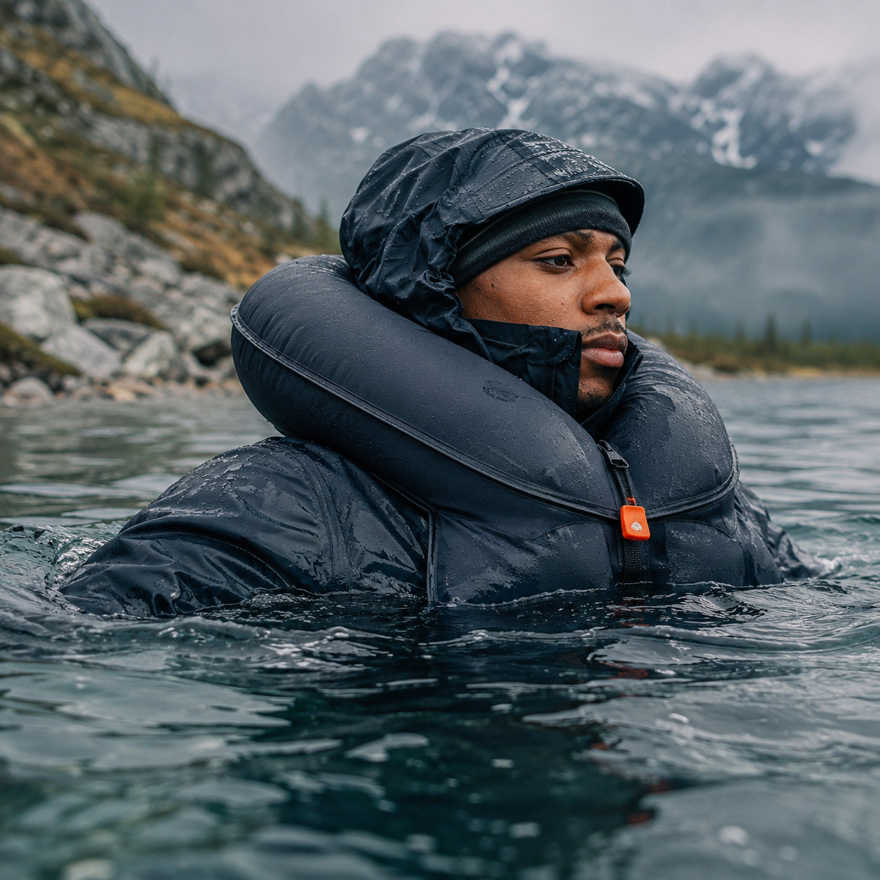 Integrated jacket safety airbag shown inflated around a wearer in cold mountain water