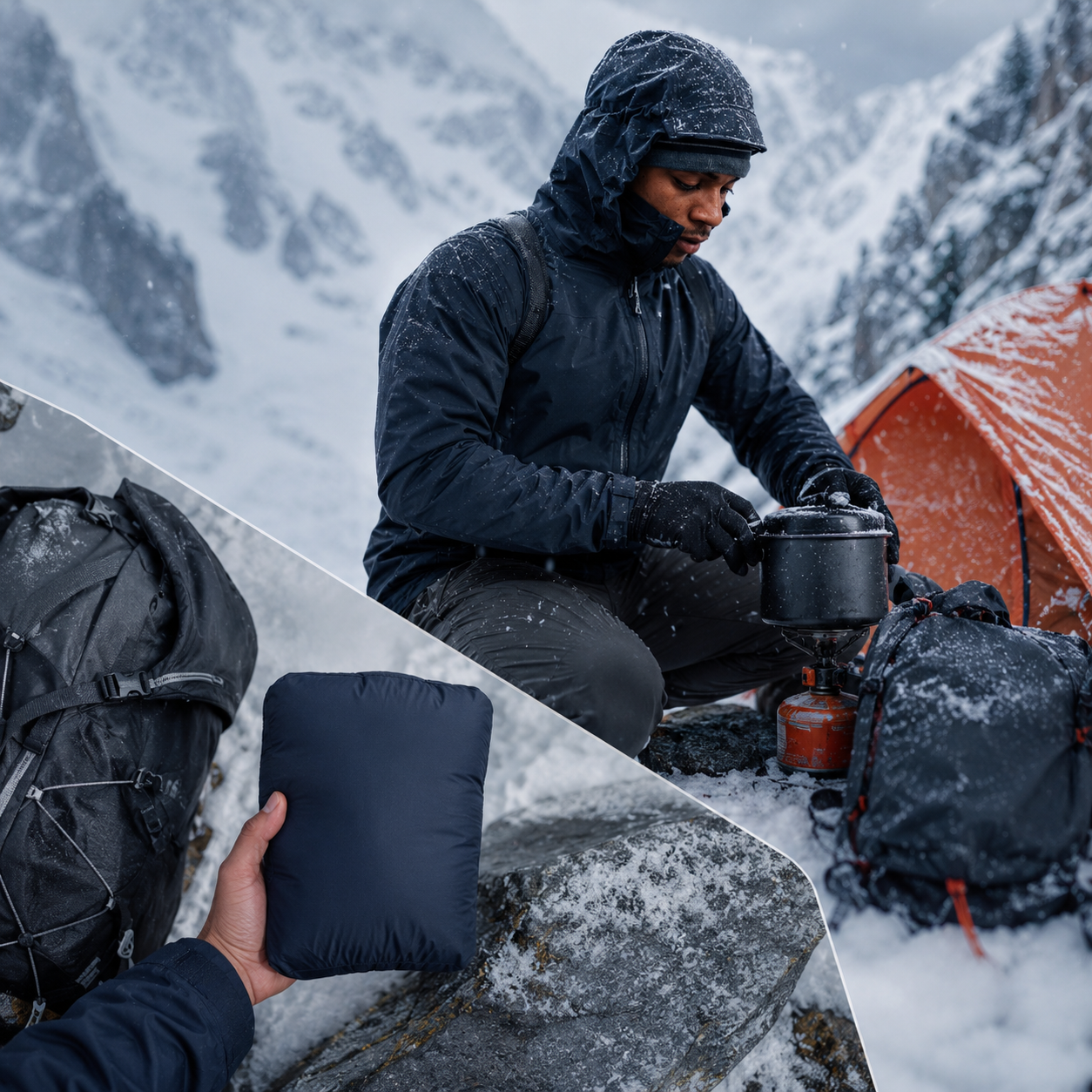 Ultralight navy expedition jacket worn in snow with compact neck-pillow-size packed form