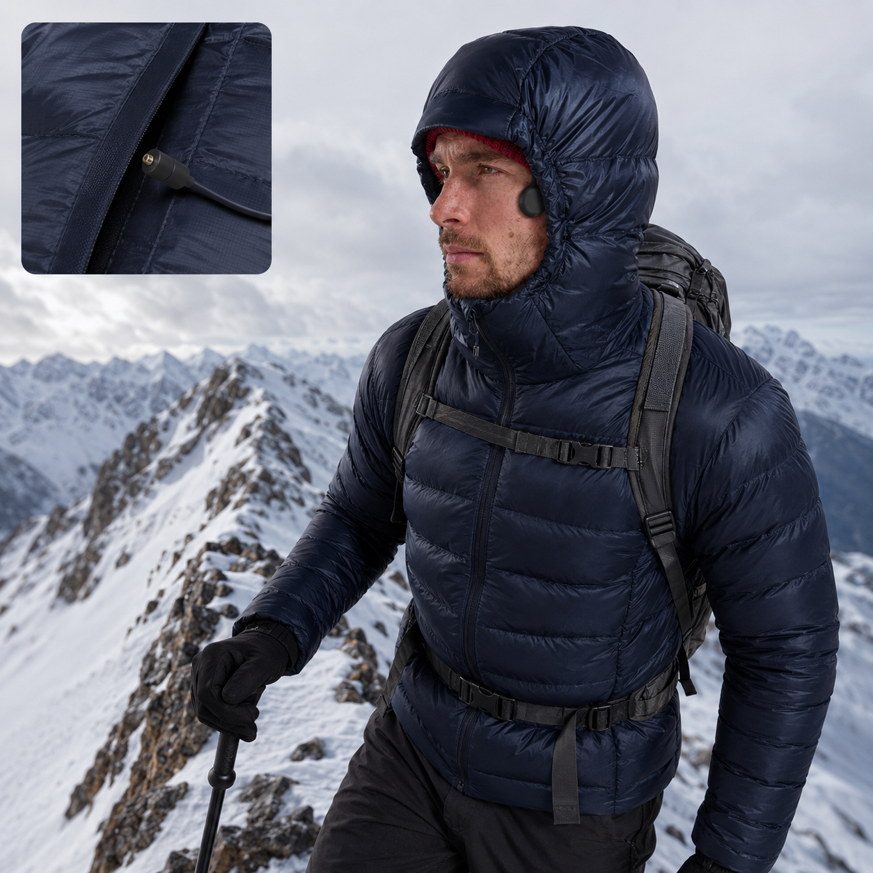 Hiker using hood-integrated bone-conduction audio with open ear canal