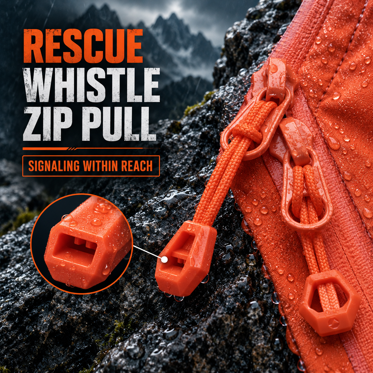 Close-up of the integrated rescue-whistle zipper pull