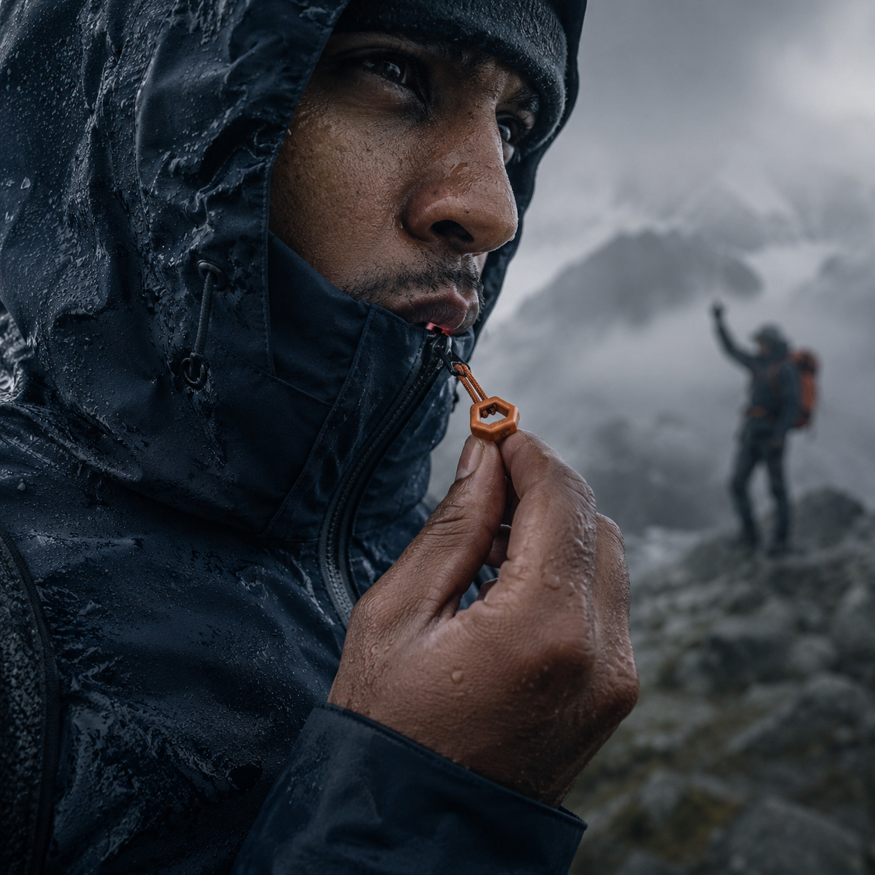 Hiker using the jacket zipper-pull rescue whistle in foggy mountain conditions