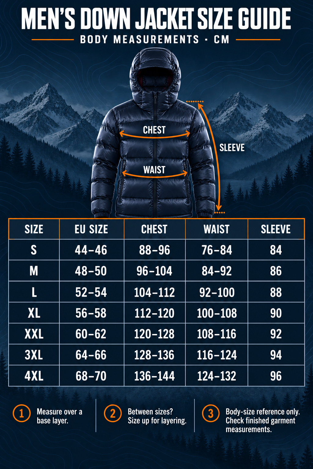European men's jacket size guide in centimeters