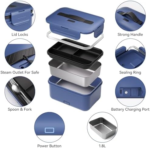 Vingud Cordless Electric Lunch Box for Adults, 1.8L Rechargeable Heated Lunch Box Food Warmer, Portable Self Heating for Men/Women/Office/Car, Lonchera Eléctrica Portátil Battery Powered Father's Gift